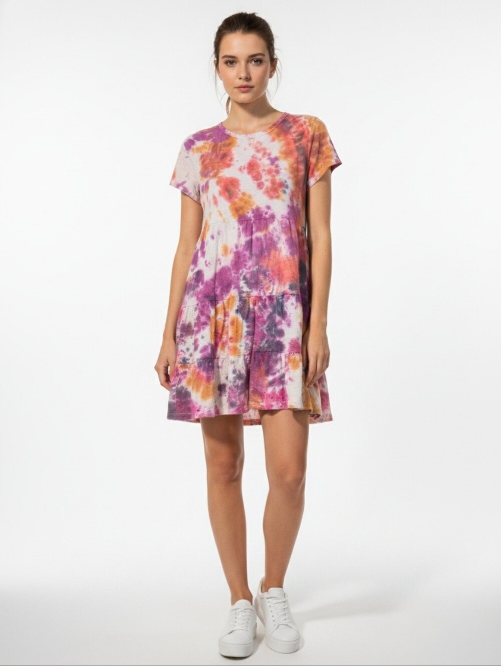 OFAK Tie-Dye Short Sleeve Tiered Dress - Pink, Orange & Purple
